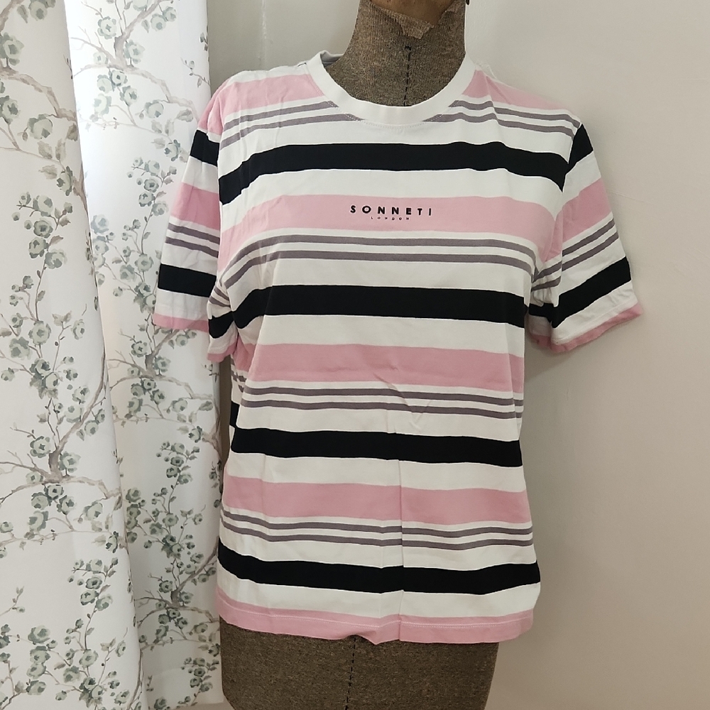 Women's Striped Short Sleeve Tee - Pink and Black